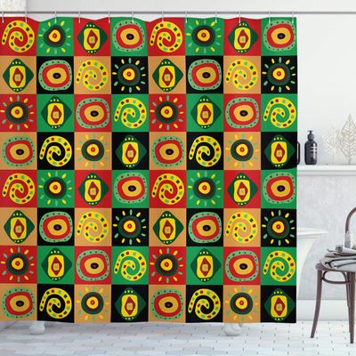 Ambesonne African Shower Curtain, Abstract Design with Trippy Shapes Culture Hieroglyph Print, Cloth Fabric Bathroom Decor Set with Hooks, 69" W x 84" L, Multicolor Jade Green