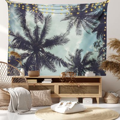Ambesonne Tropical Tapestry, Upward Coconut Palms to Clouds Exotic Land Paradise Tourism Summer View, Wide Wall Hanging for Bedroom Living Room Dorm, 60" X 40", Turquoise Eggplant
