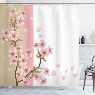 Ambesonne Japanese Shower Curtain or Backdrop Romantic Sakura Blooms Flowers Petals Spring Wind East Inspired Nature Art Theme Cloth Fabric for Bathroom Decor Set with Hooks 69" W x 84" L, Sand Brown