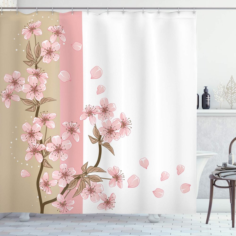 Ambesonne Japanese Shower Curtain or Backdrop Romantic Sakura Blooms Flowers Petals Spring Wind East Inspired Nature Art Theme Cloth Fabric for Bathroom Decor Set with Hooks 69" W x 84" L, Sand Brown