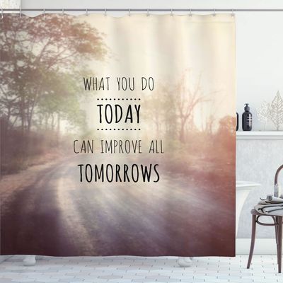 Ambesonne Modern Shower Curtain, What You Do Today Can Improve Tomorrows Inspirational Words Nature Road Background, Cloth Fabric Bathroom Decor Set with Hooks, 69" W x 70" L, Cream Taupe