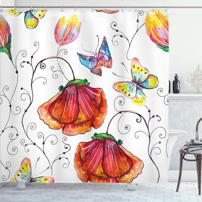 Ambesonne Nature Shower Curtain, Flowers with Swirled Branches Butterflies in Watercolors Botanical Summer, Cloth Fabric Bathroom Decor Set with Hooks, 69" W x 70" L, Multicolor Off White
