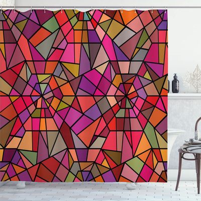 Ambesonne Abstract Shower Curtain, Mosaic Style Stained Glass Fractal Colorful Geometric Triangle Forms Image, Cloth Fabric Bathroom Decor Set with Hooks, 69" W x 75" L, Magenta Orange