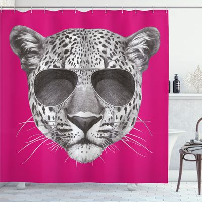 Ambesonne Modern Shower Curtain, Hipster Leopard with Aviators Sunglasses Portrait Cool Wild Animal Illustration, Cloth Fabric Bathroom Decor Set with Hooks, 69" W x 75" L, Magenta Grey