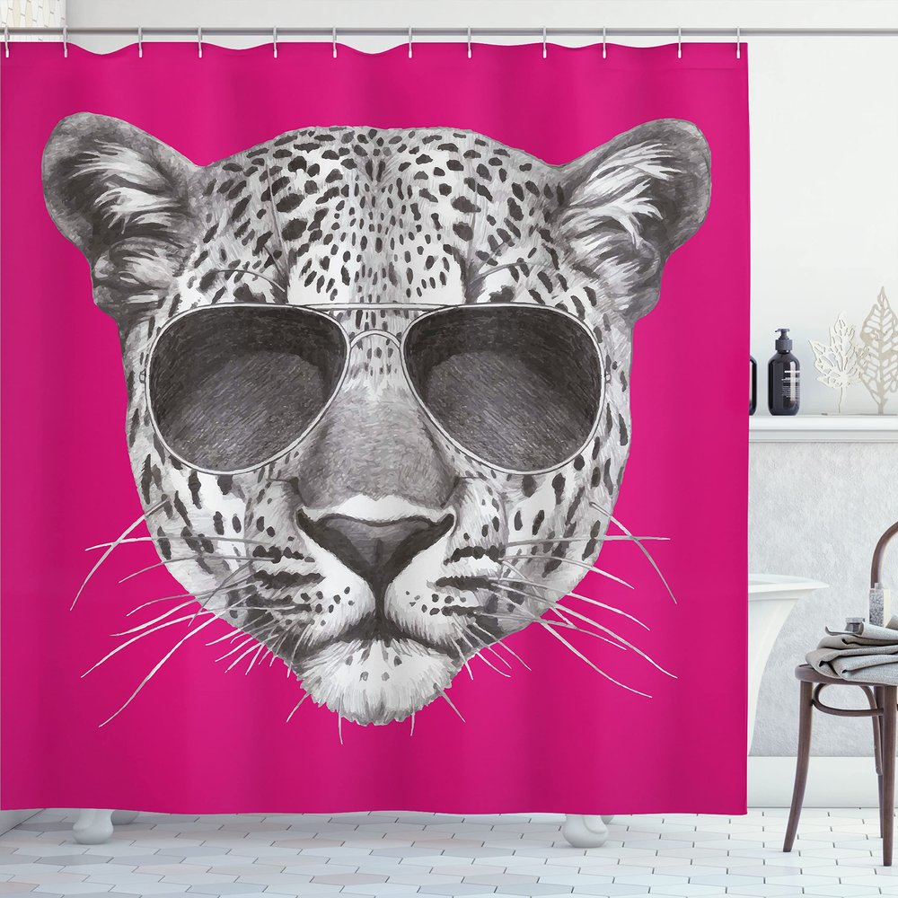 Ambesonne Modern Shower Curtain, Hipster Leopard with Aviators Sunglasses Portrait Cool Wild Animal Illustration, Cloth Fabric Bathroom Decor Set with Hooks, 69" W x 75" L, Magenta Grey