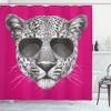 Ambesonne Modern Shower Curtain, Hipster Leopard with Aviators Sunglasses Portrait Cool Wild Animal Illustration, Cloth Fabric Bathroom Decor Set with Hooks, 69" W x 75" L, Magenta Grey view 1