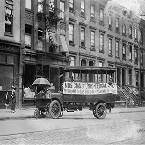 BEL Musicians Union Truck Parked by Hot Dog Vendor Cart Sports Large Banner Supporting The Transit Strike (12x18 Canvas Print)