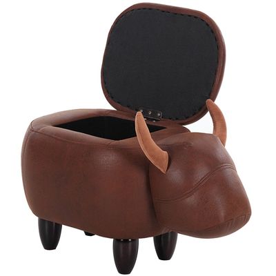 OLizee Decorative Buffalo Storage Ottoman Footstool Cute Animal Upholstered Stool for Kids Wooden Accent Footrest, Brown PU