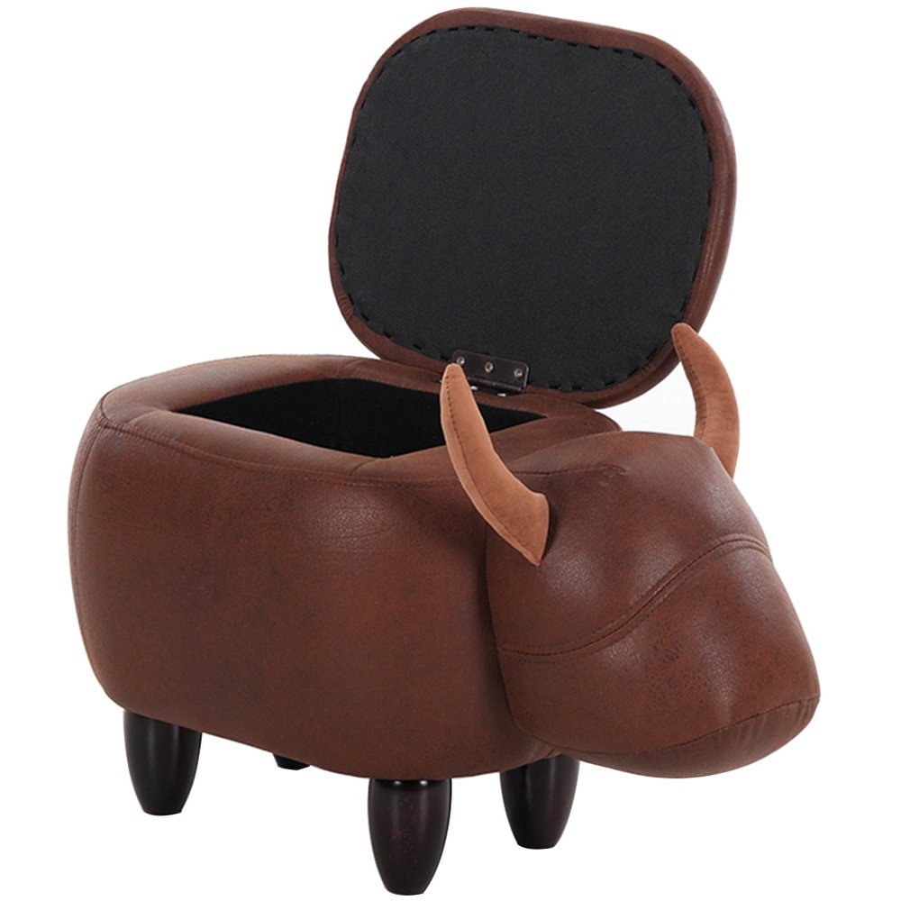 OLizee Decorative Buffalo Storage Ottoman Footstool Cute Animal Upholstered Stool for Kids Wooden Accent Footrest, Brown PU