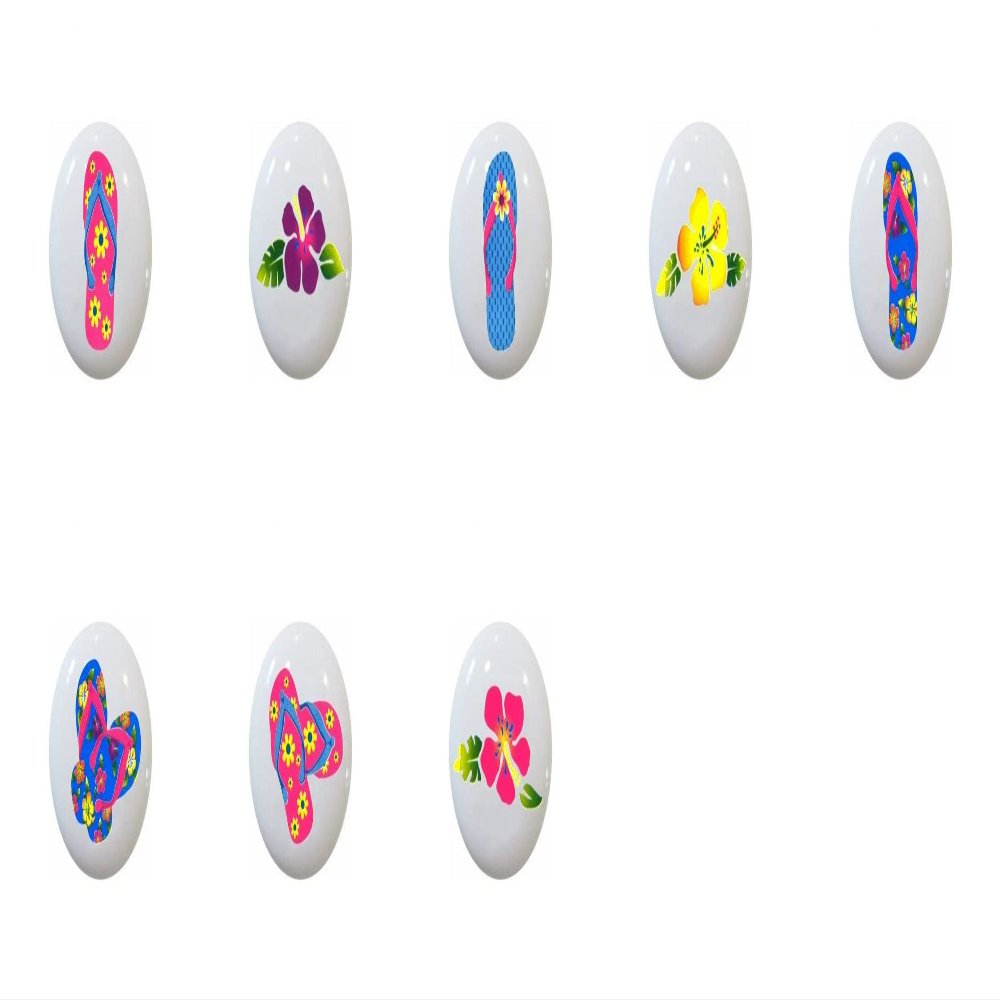 SET OF 8 KNOBS - Hawaiian Flip Flops and Hibiscus Flowers Bright Colors - DECORATIVE Glossy CERAMIC Cupboard Cabinet PULLS Dresser Drawer KNOBS