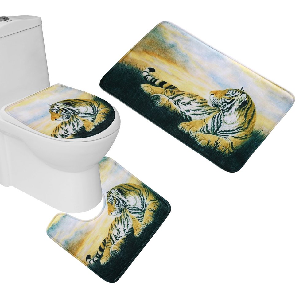 Amagical 2 Piece Tiger Print Bathroom Mat Set (Bathroom Carpet + Pedestal Rug)