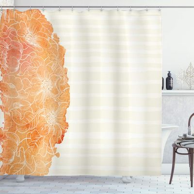 Ambesonne Flower Shower Curtain, Tropical Exotic Hawaiian Island Floral in Side Frame with Abstract Stiped Backdrop, Cloth Fabric Bathroom Decor Set with Hooks, 69" W x 75" L, Vermilion