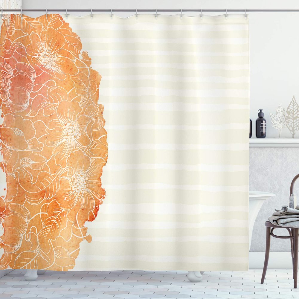 Ambesonne Flower Shower Curtain, Tropical Exotic Hawaiian Island Floral in Side Frame with Abstract Stiped Backdrop, Cloth Fabric Bathroom Decor Set with Hooks, 69" W x 75" L, Vermilion