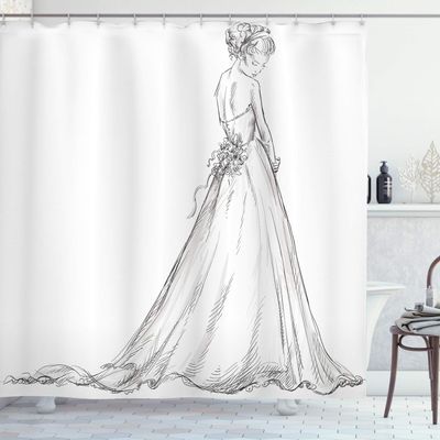 Ambesonne Bridal Shower Curtain, Tale Ending of a Love Story Cartoon Sketchy Bride with Flowers Image, Cloth Fabric Bathroom Decor Set with Hooks, 69" W x 84" L, Black and Cream
