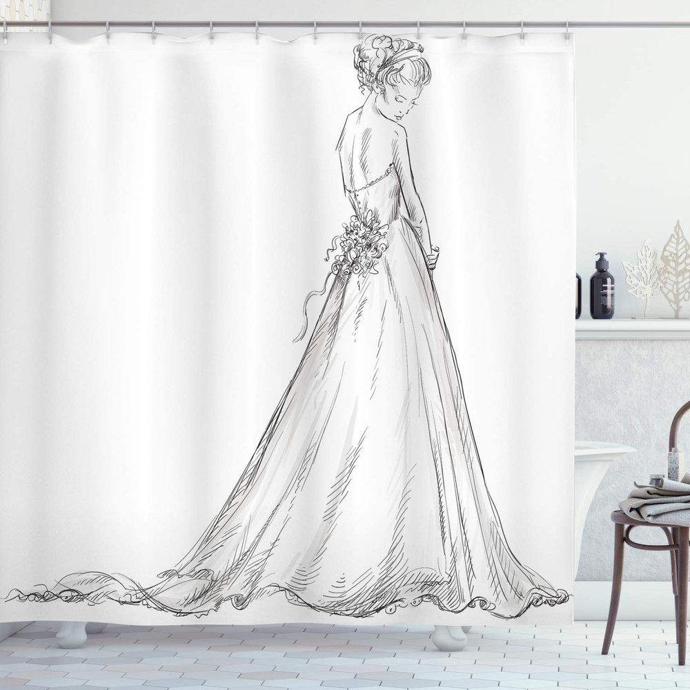 Ambesonne Bridal Shower Curtain, Tale Ending of a Love Story Cartoon Sketchy Bride with Flowers Image, Cloth Fabric Bathroom Decor Set with Hooks, 69" W x 84" L, Black and Cream