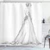 Ambesonne Bridal Shower Curtain, Tale Ending of a Love Story Cartoon Sketchy Bride with Flowers Image, Cloth Fabric Bathroom Decor Set with Hooks, 69" W x 84" L, Black and Cream view 1