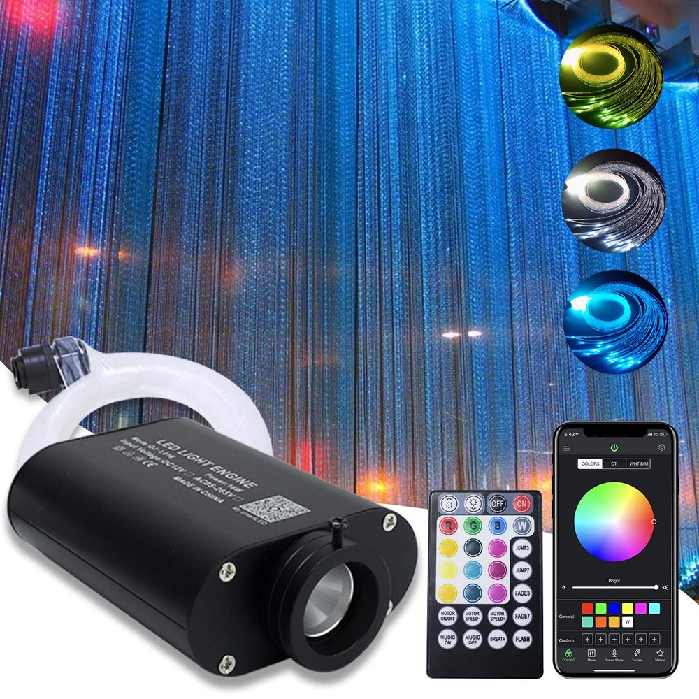 AMKI 16W RGBW Fiber Optic Curtain Light Kit, 300 Strands Flash Point Waterfall Curtain Lights Kit with Sound Smart App Control 0.04in/1mm 6.5ft/2m Fiber Optic Cable for Home Window Decor