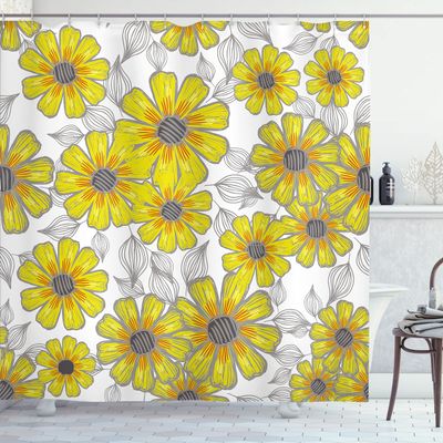 Ambesonne Yellow and Grey Shower Curtain, Aged Retro Daisies Line Drawing Whorls Sketchy Speckles Gardening Plants, Cloth Fabric Bathroom Decor Set with Hooks, 69" W x 70" L, Yellow Grey
