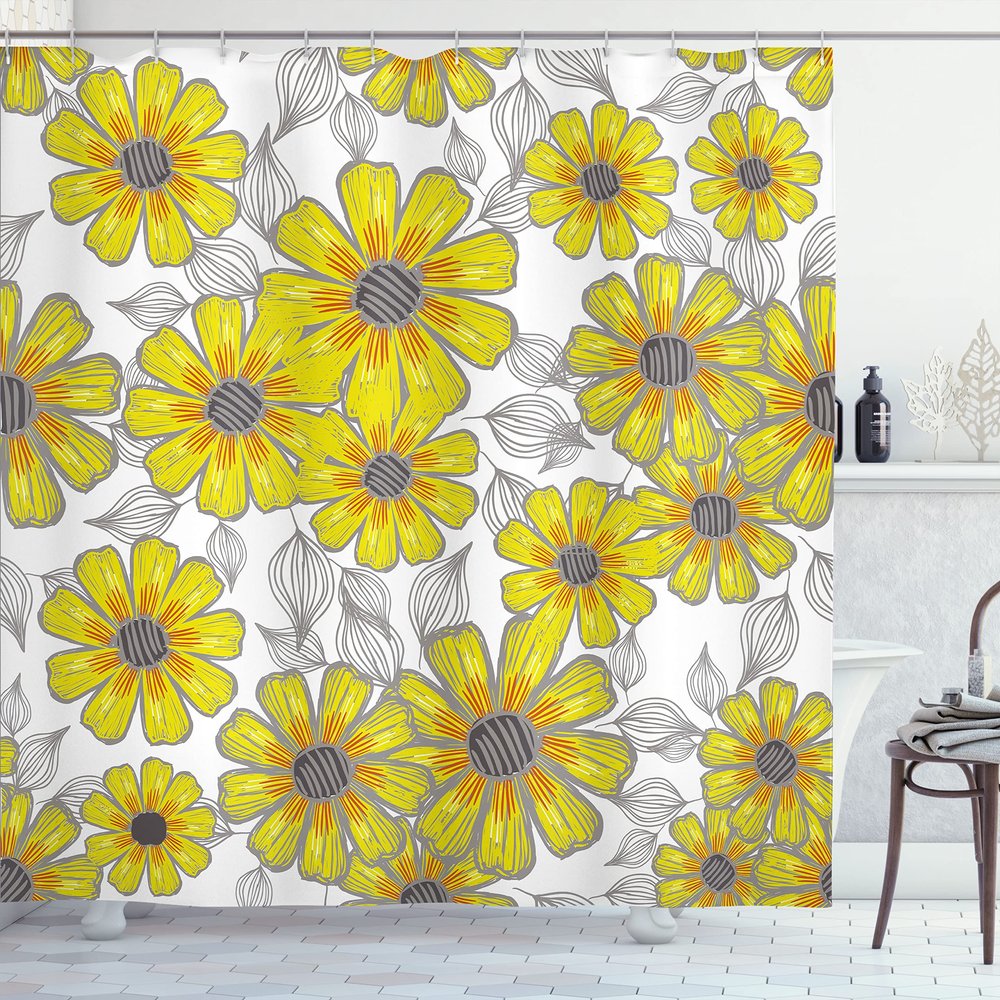 Ambesonne Yellow and Grey Shower Curtain, Aged Retro Daisies Line Drawing Whorls Sketchy Speckles Gardening Plants, Cloth Fabric Bathroom Decor Set with Hooks, 69" W x 70" L, Yellow Grey
