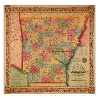 Antiguos Maps Arkansas by George Cram circa 1854 | Art Print Poster Vintage Wall Decor | 24 x 32 inches (610 x 813 mm)