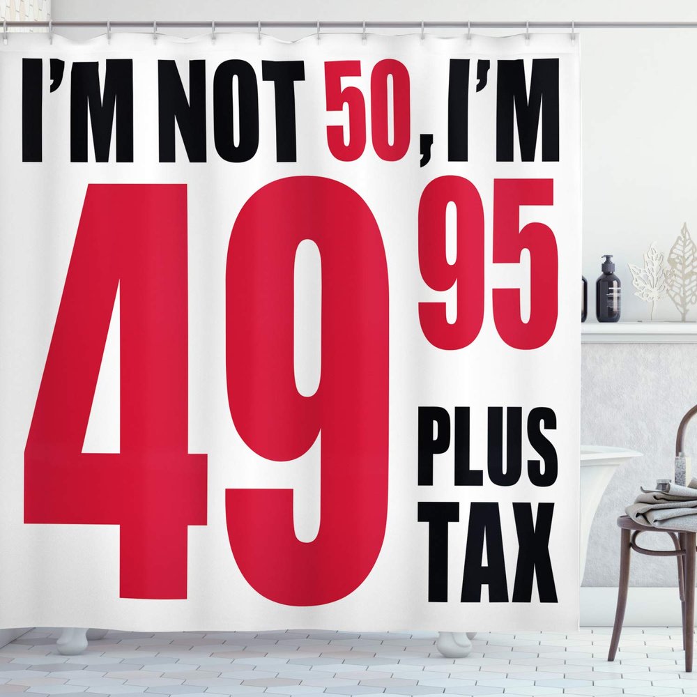 Ambesonne 50th Birthday Shower Curtain, Hilarious Catchphrase Old Age Fifthy Feeling Young Humorous and Funny, Cloth Fabric Bathroom Decor Set with Hooks, 69" W x 84" L, Red Black White