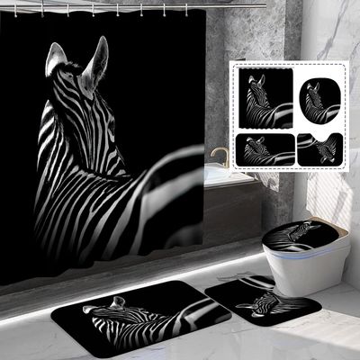 Amagical 16 Piece Bathroom Rug Set Zebra Black Bath Rugs with Fabric Shower Curtain and Matching Mat/Toilet Cover