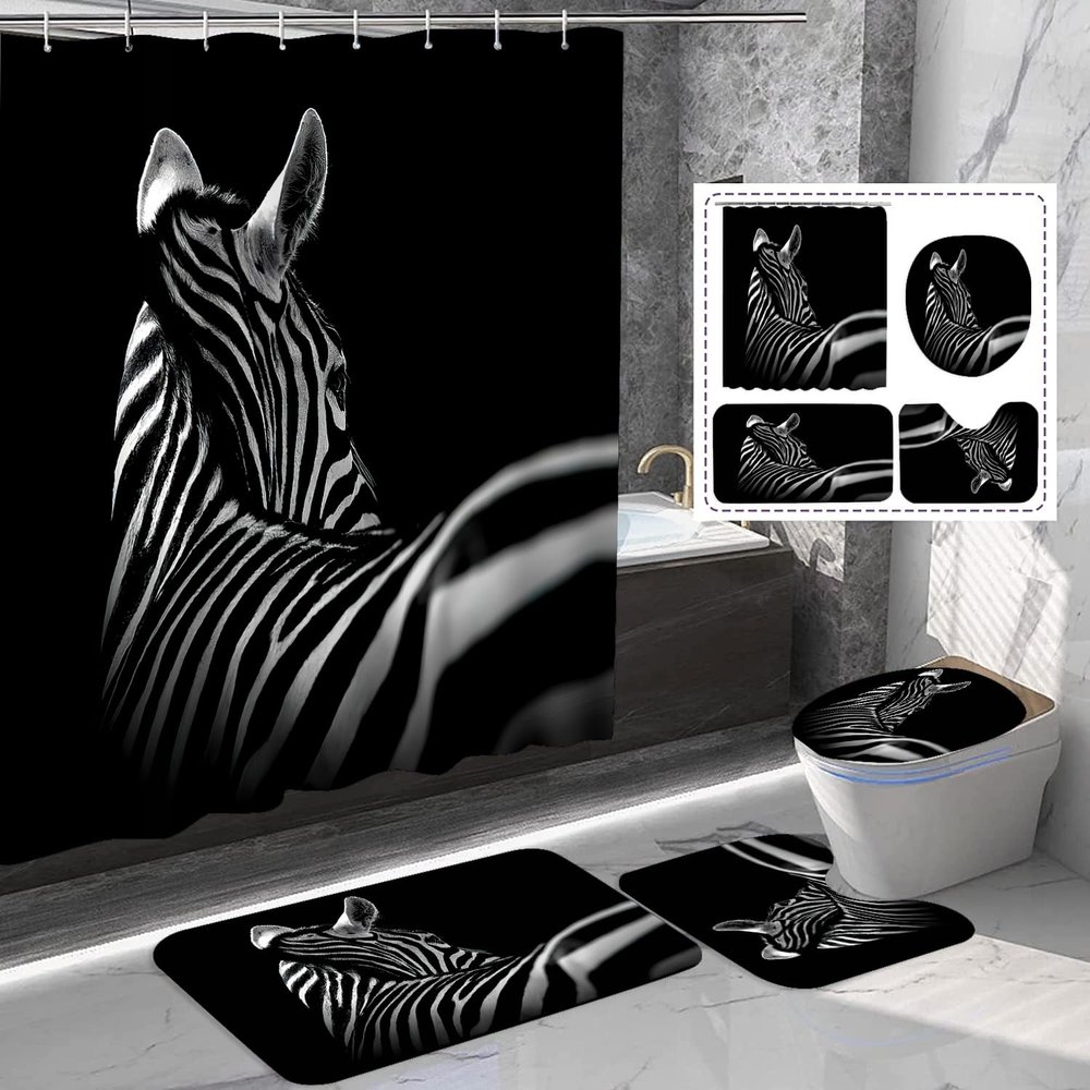 Amagical 16 Piece Bathroom Rug Set Zebra Black Bath Rugs with Fabric Shower Curtain and Matching Mat/Toilet Cover