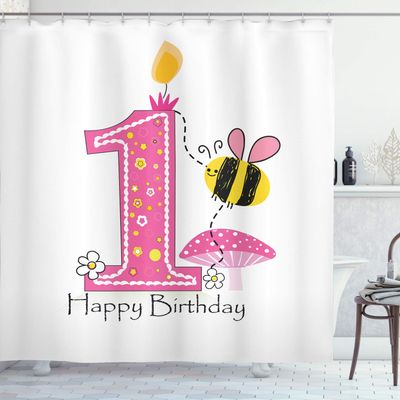 Ambesonne 1st Birthday Shower Curtain, Cartoon Style Image with The Bees Party Cake and The Candle Print, Cloth Fabric Bathroom Decor Set with Hooks, 69" W x 70" L, Pink Black and Yellow