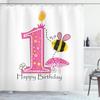 Ambesonne 1st Birthday Shower Curtain, Cartoon Style Image with The Bees Party Cake and The Candle Print, Cloth Fabric Bathroom Decor Set with Hooks, 69" W x 70" L, Pink Black and Yellow view 1