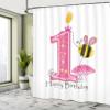 Ambesonne 1st Birthday Shower Curtain, Cartoon Style Image with The Bees Party Cake and The Candle Print, Cloth Fabric Bathroom Decor Set with Hooks, 69" W x 70" L, Pink Black and Yellow view 4