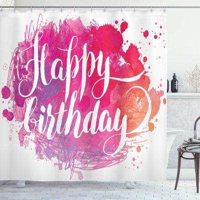 Ambesonne Birthday Shower Curtain, Abstract Watercolored Splatters Hand Paint Style Celebratory Text, Cloth Fabric Bathroom Decor Set with Hooks, 69" W x 75" L, Pink Red Orange