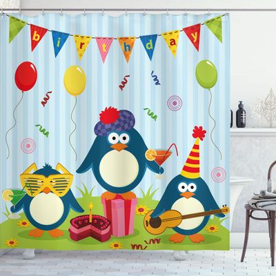 Ambesonne Birthday Shower Curtain, Cartoon Style Penguin Party with Flags Cakes and Gift Box Theme Print, Cloth Fabric Bathroom Decor Set with Hooks, 69" W x 70" L, Fern Green Pale Blue