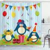 Ambesonne Birthday Shower Curtain, Cartoon Style Penguin Party with Flags Cakes and Gift Box Theme Print, Cloth Fabric Bathroom Decor Set with Hooks, 69" W x 70" L, Fern Green Pale Blue view 1