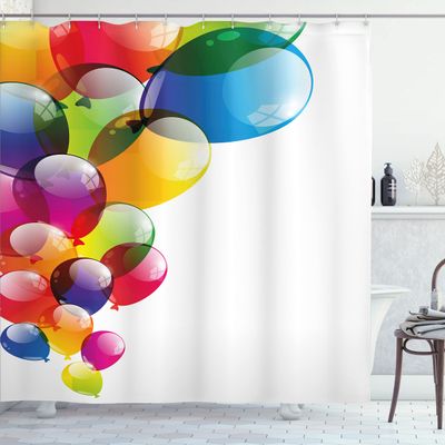 Ambesonne Birthday Shower Curtain, Celebration Colorful Balloons with Reflections Surprise Occasion Joyful, Cloth Fabric Bathroom Decor Set with Hooks, 69" W x 84" L, Multicolor White