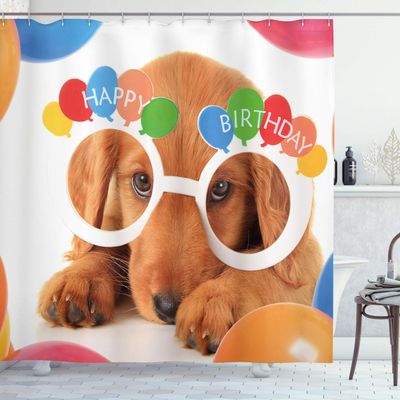 Ambesonne Birthday Party Shower Curtain, Celebration Puppy Dog Golden Glasses Balloons Present Themed Art, Cloth Fabric Bathroom Decor Set with Hooks, 69" W x 84" L, Multicolor