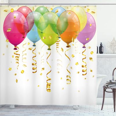 Ambesonne Birthday Shower Curtain, 3D Style Flying Balloons with Curled Ribbons Rain Entertainment Print, Cloth Fabric Bathroom Decor Set with Hooks, 69" W x 75" L, Magenta Green