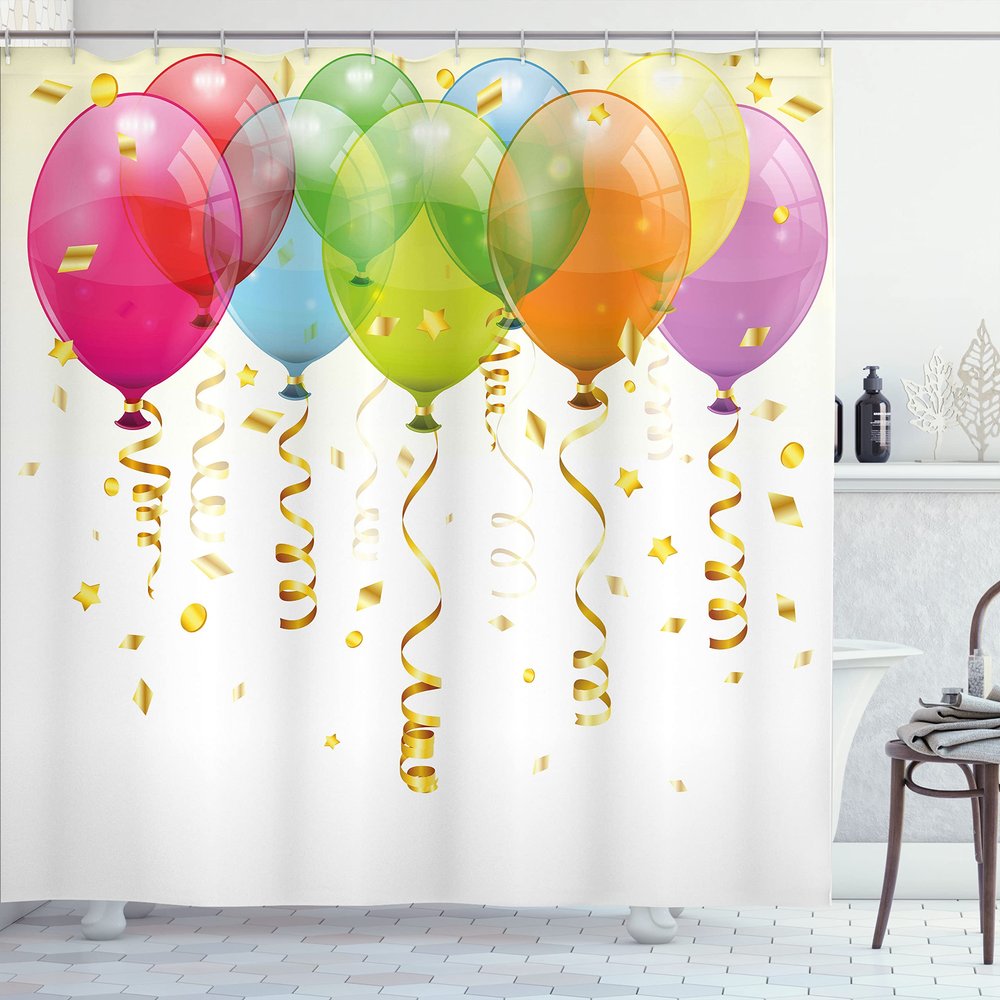 Ambesonne Birthday Shower Curtain, 3D Style Flying Balloons with Curled Ribbons Rain Entertainment Print, Cloth Fabric Bathroom Decor Set with Hooks, 69" W x 75" L, Magenta Green
