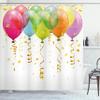 Ambesonne Birthday Shower Curtain, 3D Style Flying Balloons with Curled Ribbons Rain Entertainment Print, Cloth Fabric Bathroom Decor Set with Hooks, 69" W x 75" L, Magenta Green view 1