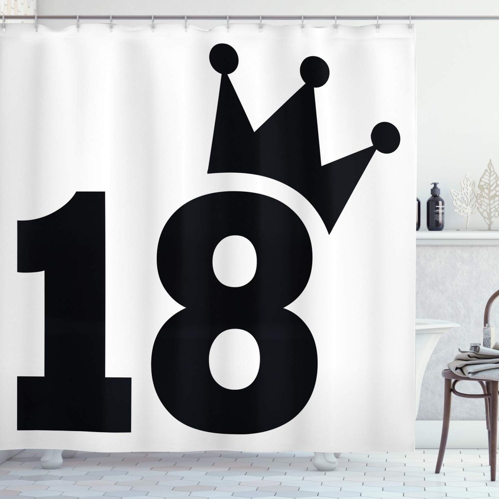Ambesonne 18th Birthday Shower Curtain, Cartoon Soccer Jersey Seem Bold 18 Number Party Sports Playing Art Print, Cloth Fabric Bathroom Decor Set with Hooks, 69" W x 84" L, Charcoal and White
