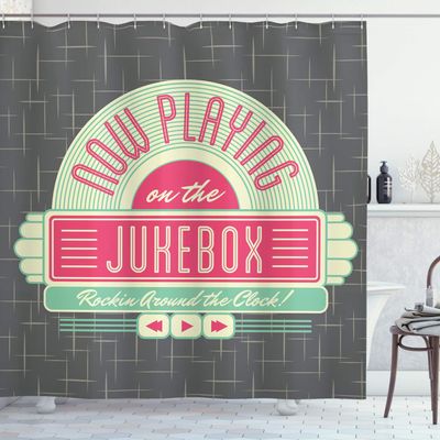 Ambesonne Jukebox Shower Curtain, Charcoal Grey Backdrop 50s Inspired Radio Music Box Image, Cloth Fabric Bathroom Decor Set with Hooks, 69" W x 84" L, Mint Green Hot Pink