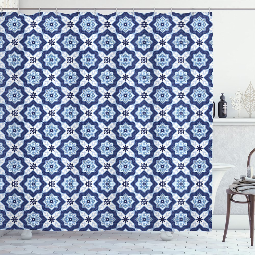 Ambesonne Indigo Shower Curtain, Oriental Moroccan Tiles Like Image Floral Details, Cloth Fabric Bathroom Decor Set with Hooks, 69" W x 70" L, Turquoise Dark Blue