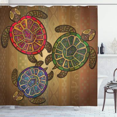 Ambesonne Turtle Shower Curtain, 3 Ocean Turtles Ethic Style Animals Geometric Vibrant Ocean Theme Art Print, Cloth Fabric Bathroom Decor Set with Hooks, 69" W x 84" L, Green and Brown