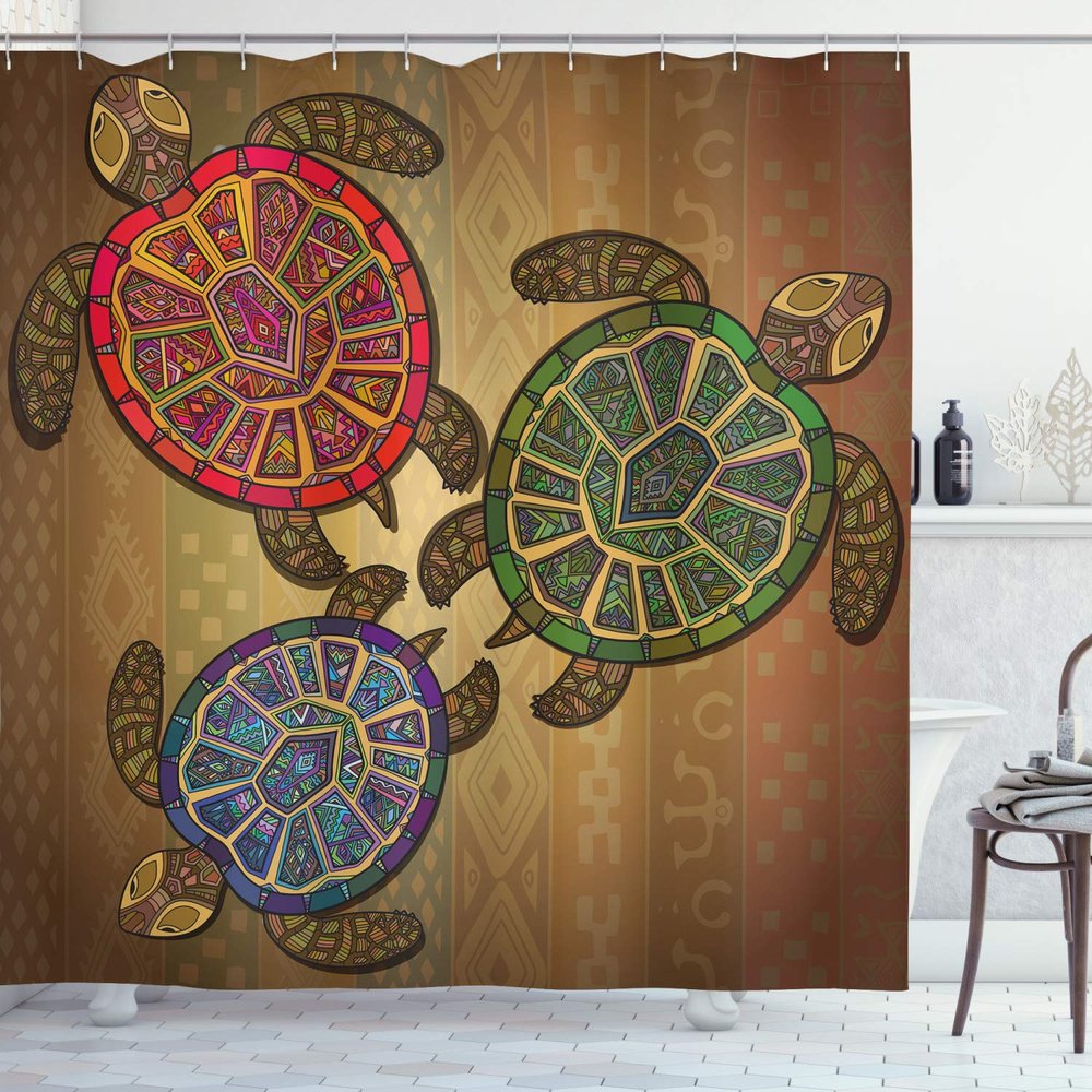 Ambesonne Turtle Shower Curtain, 3 Ocean Turtles Ethic Style Animals Geometric Vibrant Ocean Theme Art Print, Cloth Fabric Bathroom Decor Set with Hooks, 69" W x 84" L, Green and Brown