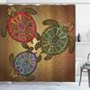 Ambesonne Turtle Shower Curtain, 3 Ocean Turtles Ethic Style Animals Geometric Vibrant Ocean Theme Art Print, Cloth Fabric Bathroom Decor Set with Hooks, 69" W x 84" L, Green and Brown view 1