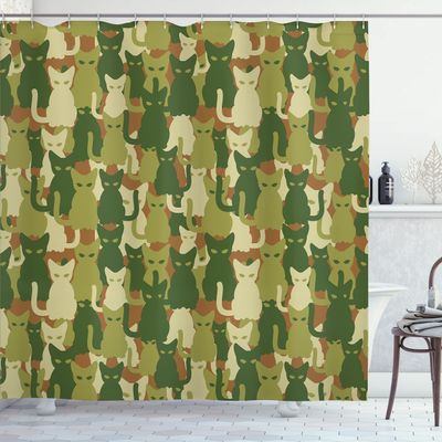 Ambesonne Camo Shower Curtain, Kitten Silhouette Protective Cat Theme in Jungle Colors Animal Silhouettes, Cloth Fabric Bathroom Decor Set with Hooks, 69" W x 84" L, Green Dark Green Cream