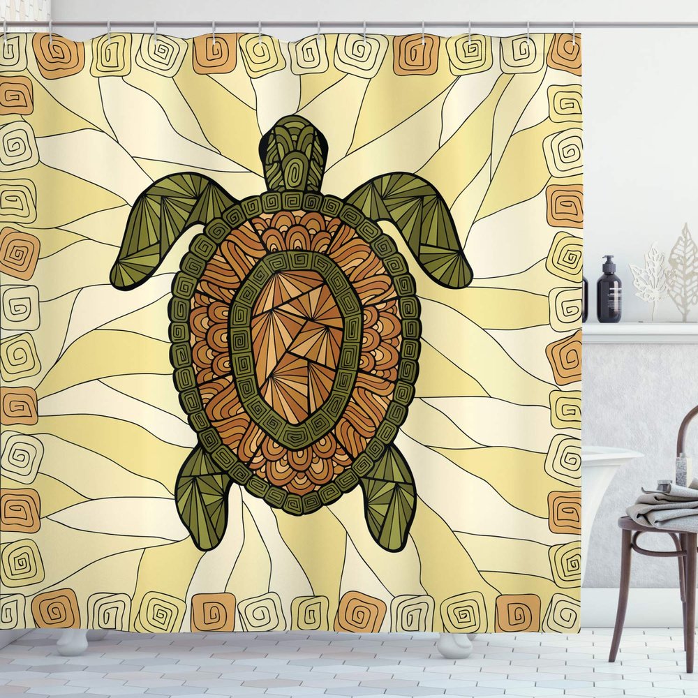 Ambesonne Turtle Shower Curtain, Turtle Zentangle on Yellow Background Spiral Forms Bohemian Art, Cloth Fabric Bathroom Decor Set with Hooks, 69" W x 84" L, Yellow Green Brown