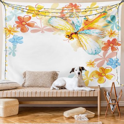 Ambesonne Dragonfly Tapestry, Abstract Grunge Vintage Design Moth Spring Flowers Floral Frame Art Print, Wide Wall Hanging for Bedroom Living Room Dorm, 60" X 40", Yellow Orange