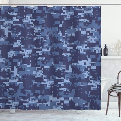 Ambesonne Camo Shower Curtain, Retro Composition of Grunge Camouflage Pattern Print in Modern Blue Tones, Cloth Fabric Bathroom Decor Set with Hooks, 69" W x 70" L, Pale Blue and Dark Blue