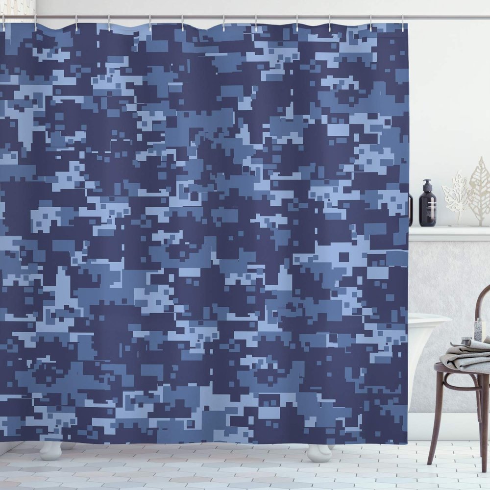 Ambesonne Camo Shower Curtain, Retro Composition of Grunge Camouflage Pattern Print in Modern Blue Tones, Cloth Fabric Bathroom Decor Set with Hooks, 69" W x 70" L, Pale Blue and Dark Blue