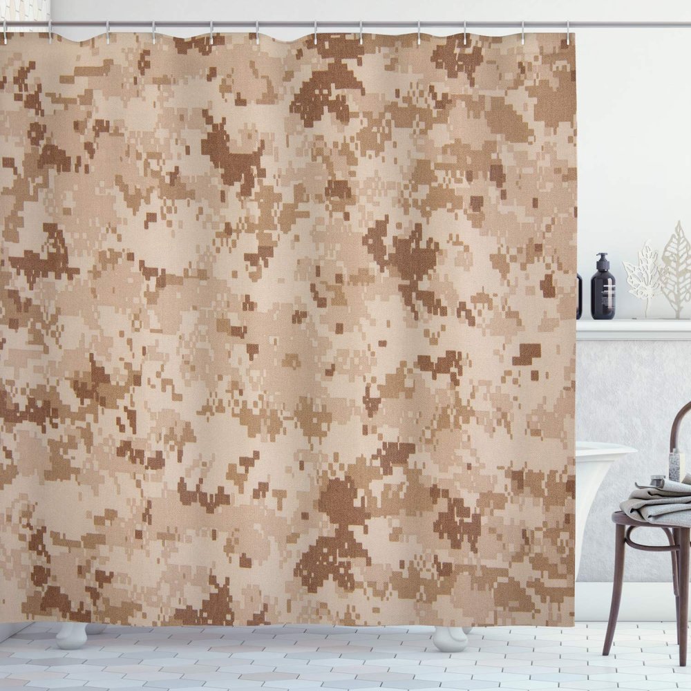 Ambesonne Camo Shower Curtain, US Marine Desert Marpat Digital Texture Background in Brown Colors, Cloth Fabric Bathroom Decor Set with Hooks, 69" W x 84" L, Pale Brown Cinnamon